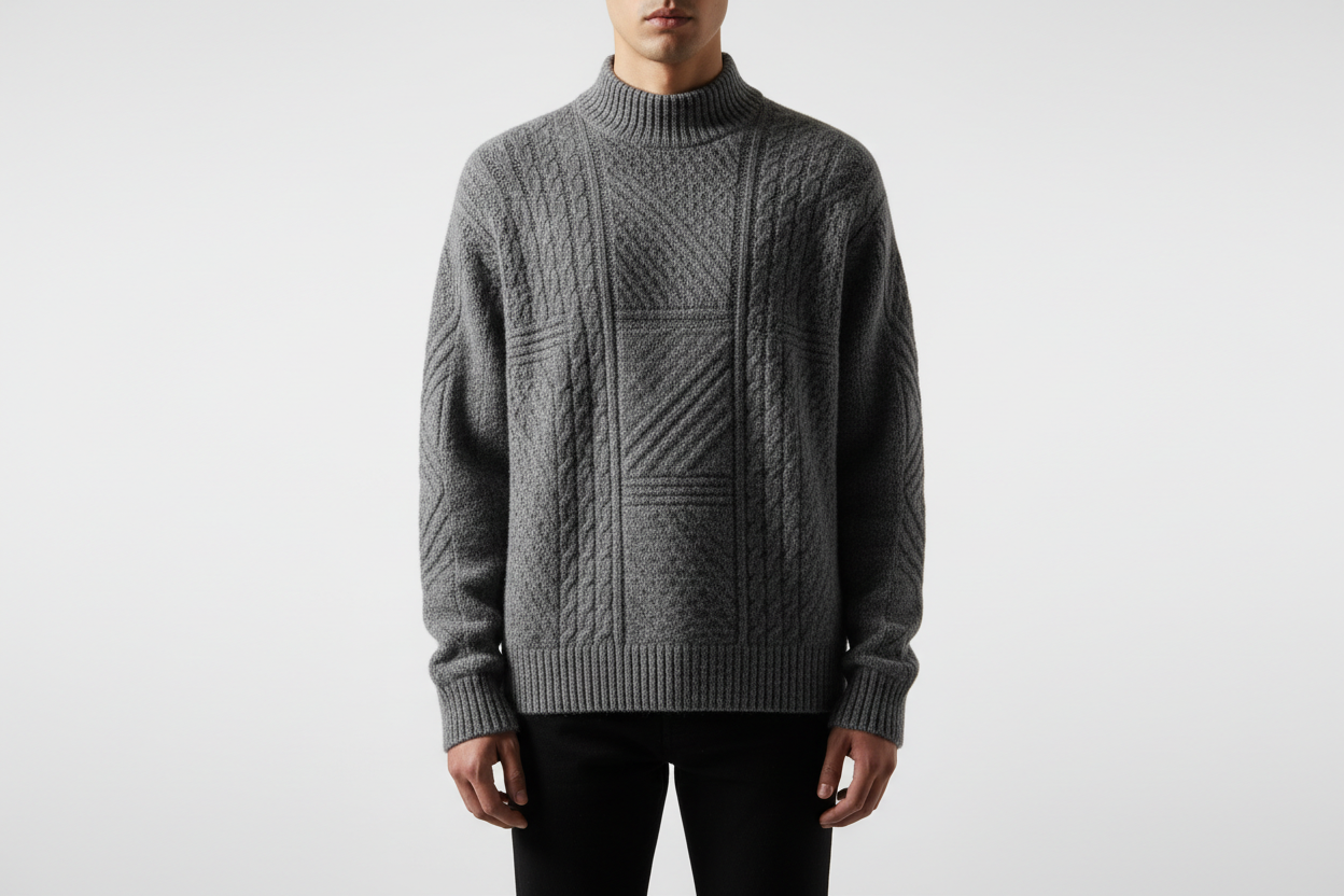 editorial photoshoot of a man wearing a nice pullover, a focus on the pullover