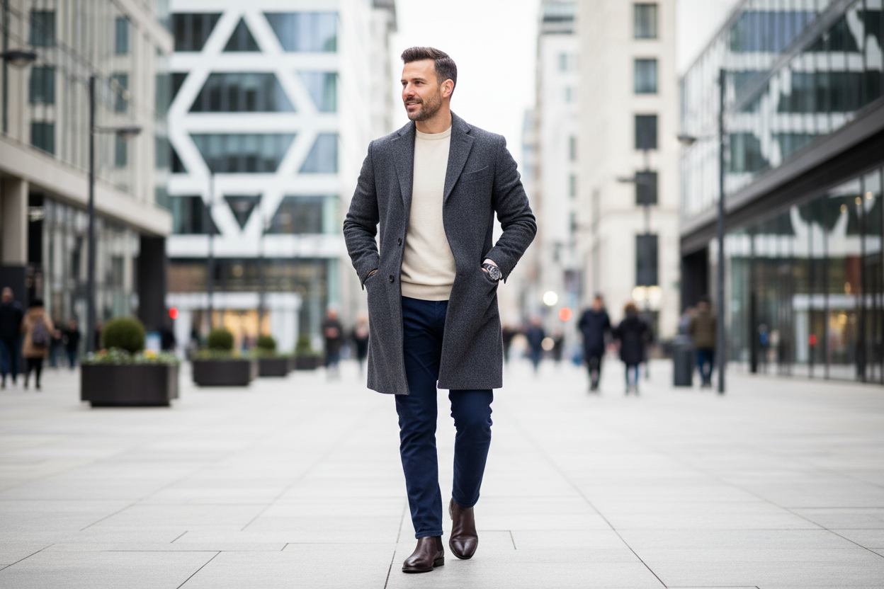 lifestyle photo of mid 30s man in a casual outfit with a luxurious wool overcoat on in an urban center