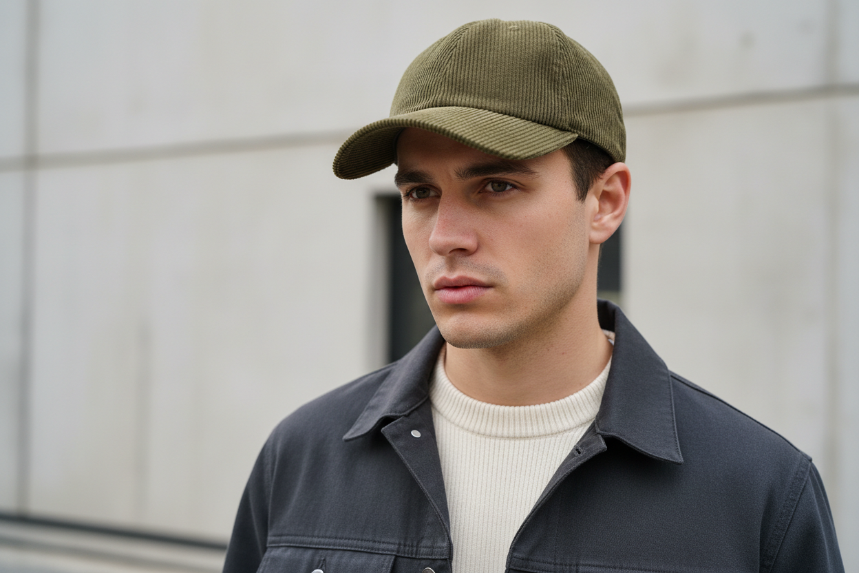 modern photoshoot man with modern corduroy baseball cap